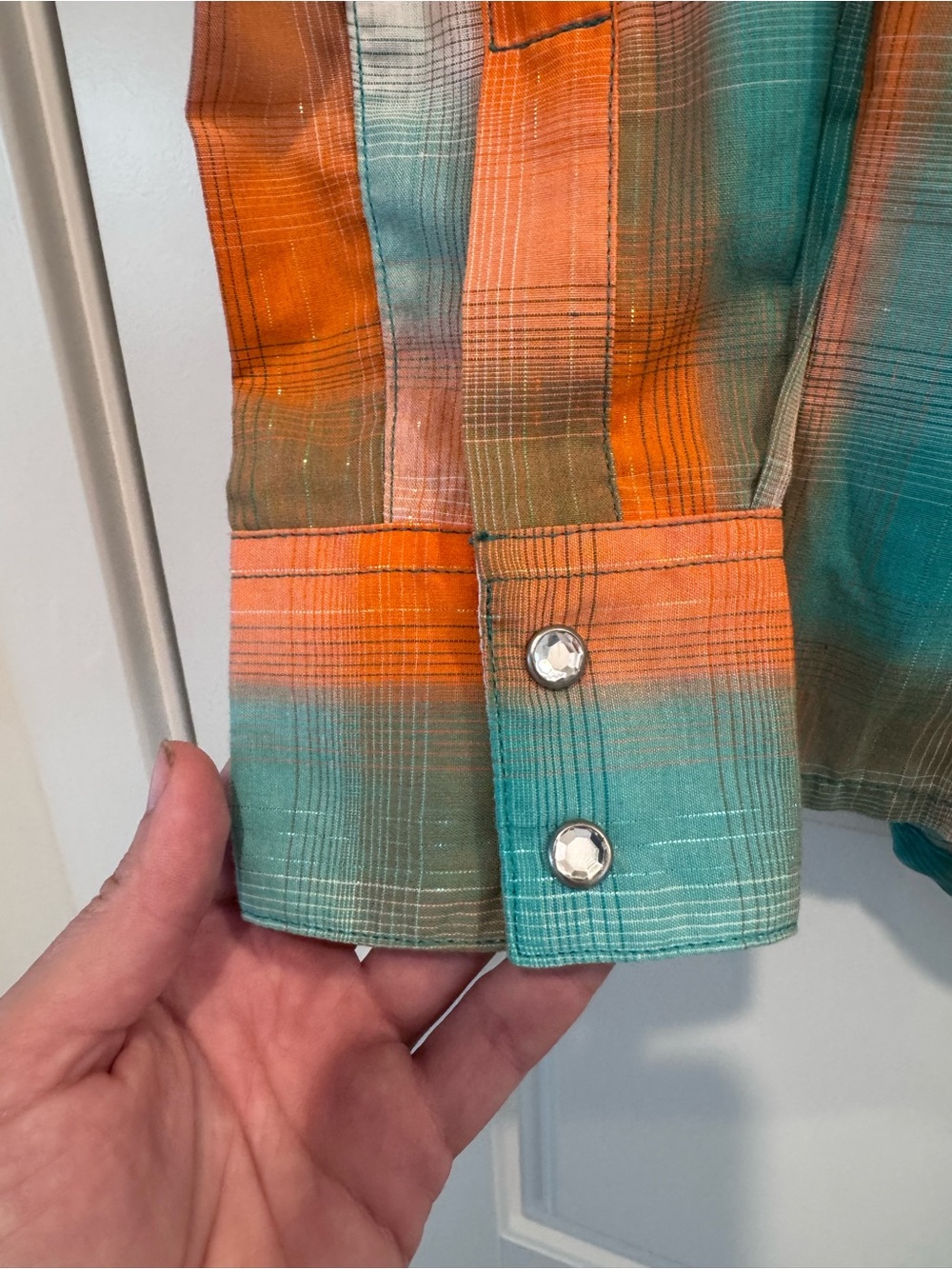 Wrangler Western Plaid Rhinestone Snap Shirt Turquoise Orange Size M - Picture 6 of 10
